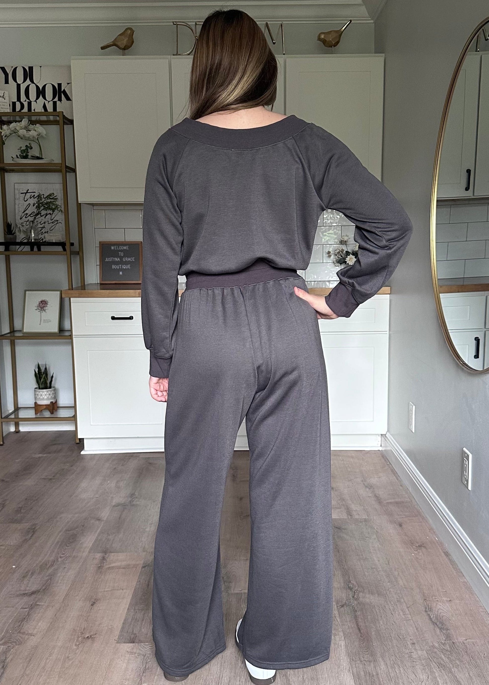 Back view of the Juliet knit jumpsuit with comfortable fit and clean, minimalist design