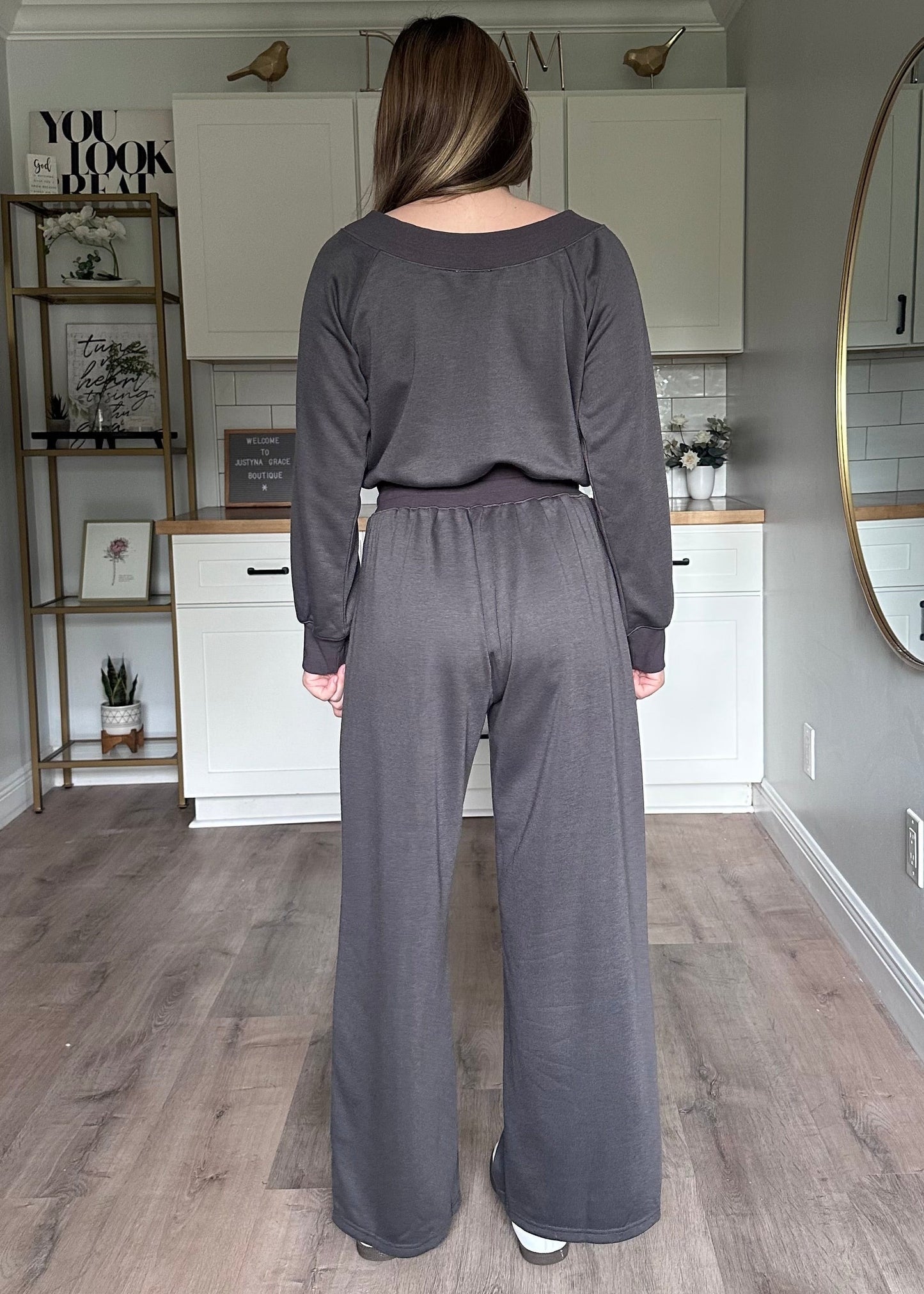 Back view of the Juliet knit jumpsuit with comfortable fit and clean, minimalist design
