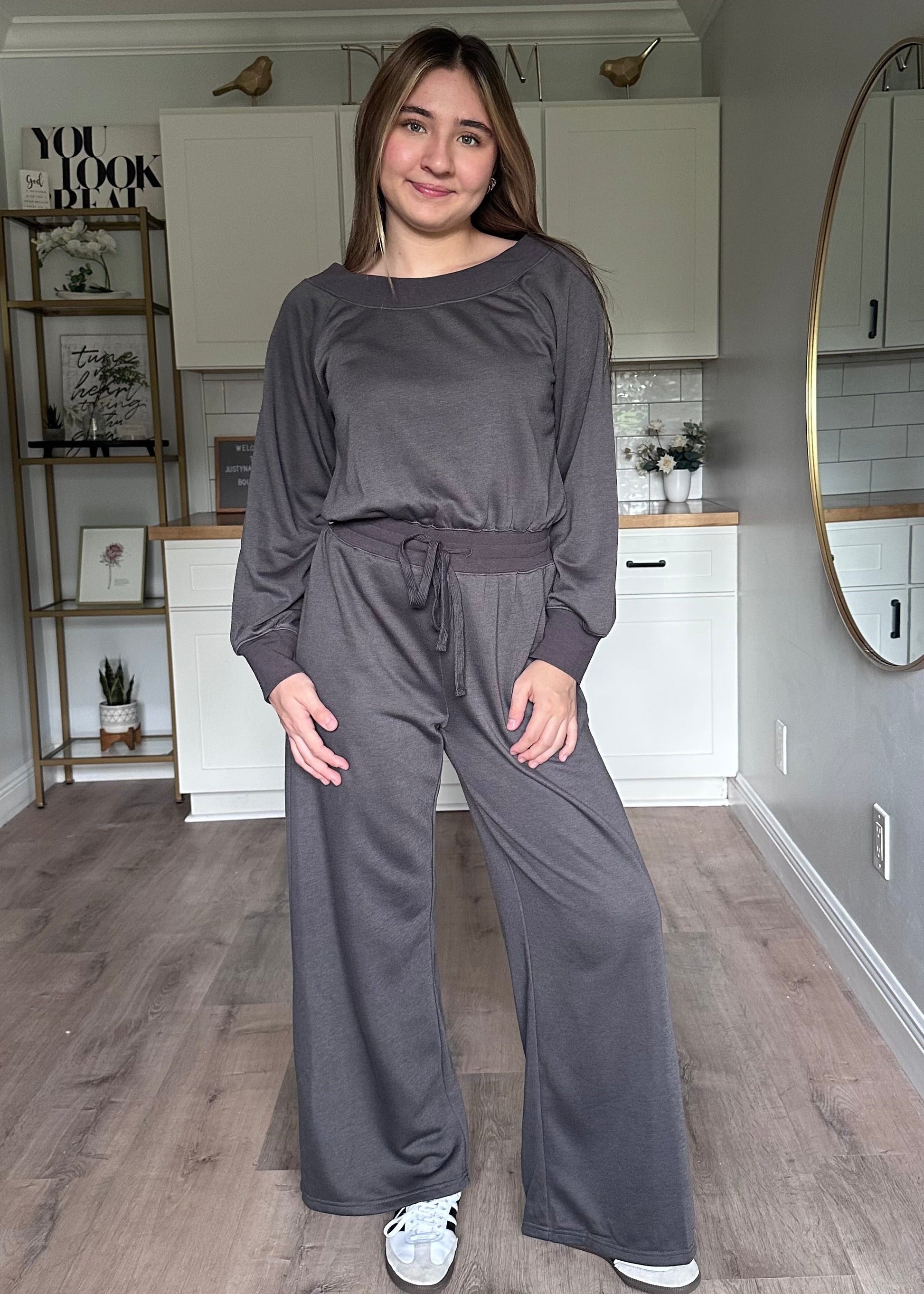 Juliet wide-neck knit jumpsuit with relaxed fit and soft stretchy fabric for an effortless one-piece look