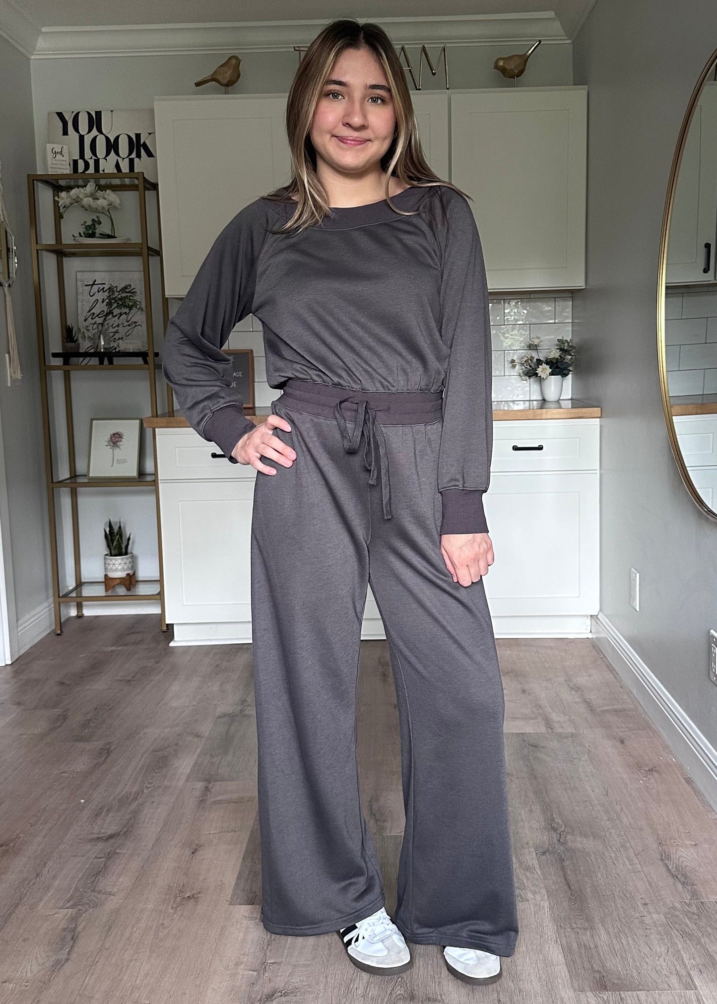 Juliet wide-neck knit jumpsuit with relaxed fit and soft stretchy fabric for an effortless one-piece look