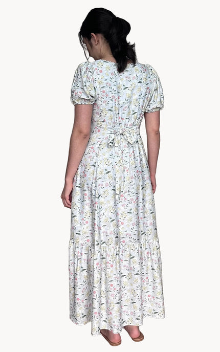 Smocked back waistband and belted sash on Juliette floral maxi dress