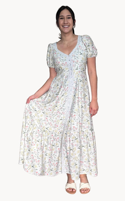 Juliette floral maxi dress with sweetheart neckline and puff sleeves, lightweight rayon crepe