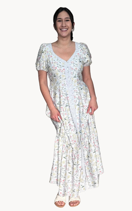 Juliette floral maxi dress bodice with sweetheart neckline and functional buttons