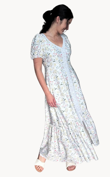 Juliette floral maxi dress bodice with sweetheart neckline and functional buttons