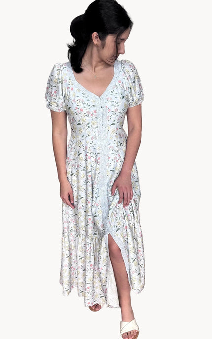 Puff elastic sleeve with scalloped lace detail on Juliette floral maxi dress