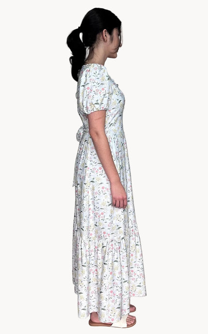 Smocked back waistband and belted sash on Juliette floral maxi dress