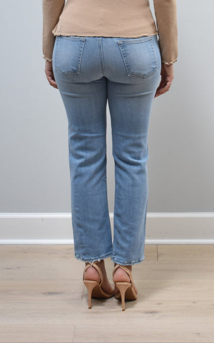 Back view of light-wash straight-leg jeans showing pocket placement and straight-leg silhouette.
