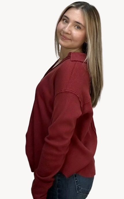 Autumn Ridge Polo long sleeve top in thermal cotton-blend fabric – split V-neckline with soft collar – front view on soft linen background – Justyna Grace Boutique