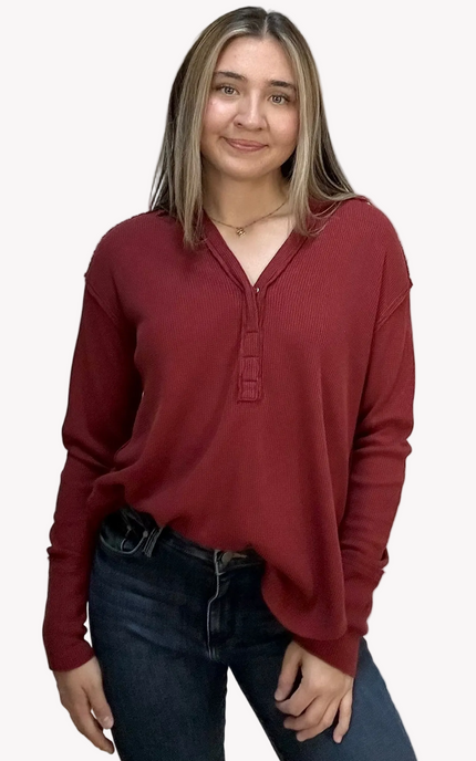 Autumn Ridge Polo long sleeve top in thermal cotton-blend fabric – split V-neckline with soft collar – front view on soft linen background – Justyna Grace Boutique