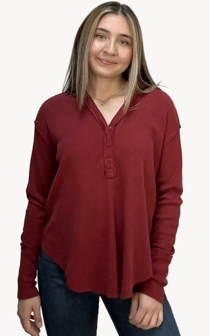 Autumn Ridge Polo long sleeve top in thermal cotton-blend fabric – split V-neckline with soft collar – front view on soft linen background – Justyna Grace Boutique