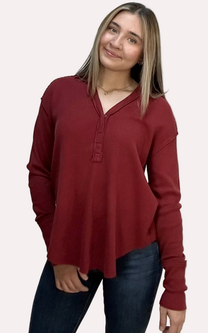 Autumn Ridge Polo long sleeve top in thermal cotton-blend fabric – split V-neckline with soft collar – front view on soft linen background – Justyna Grace Boutique