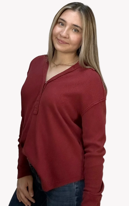 Autumn Ridge Polo long sleeve top in thermal cotton-blend fabric – split V-neckline with soft collar – front view on soft linen background – Justyna Grace Boutique
