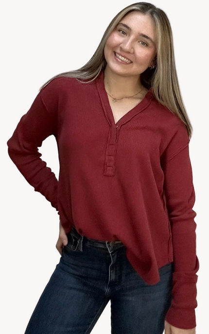 Autumn Ridge Polo long sleeve top in thermal cotton-blend fabric – split V-neckline with soft collar – front view on soft linen background – Justyna Grace Boutique