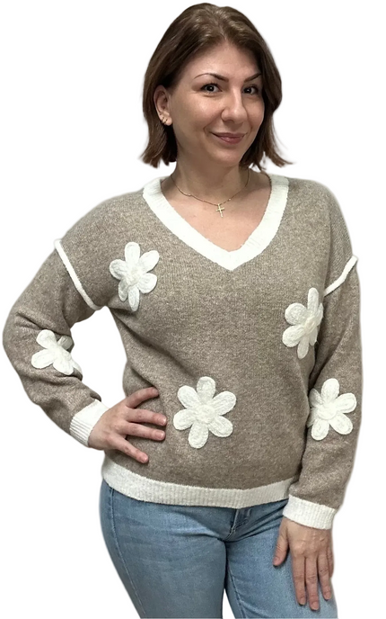 Daisy Drop Sweater in mocha with floral appliqués, drop-shoulder silhouette, V-neckline, and contrast trim – relaxed cozy knit – front view on soft linen background – Justyna Grace Boutique