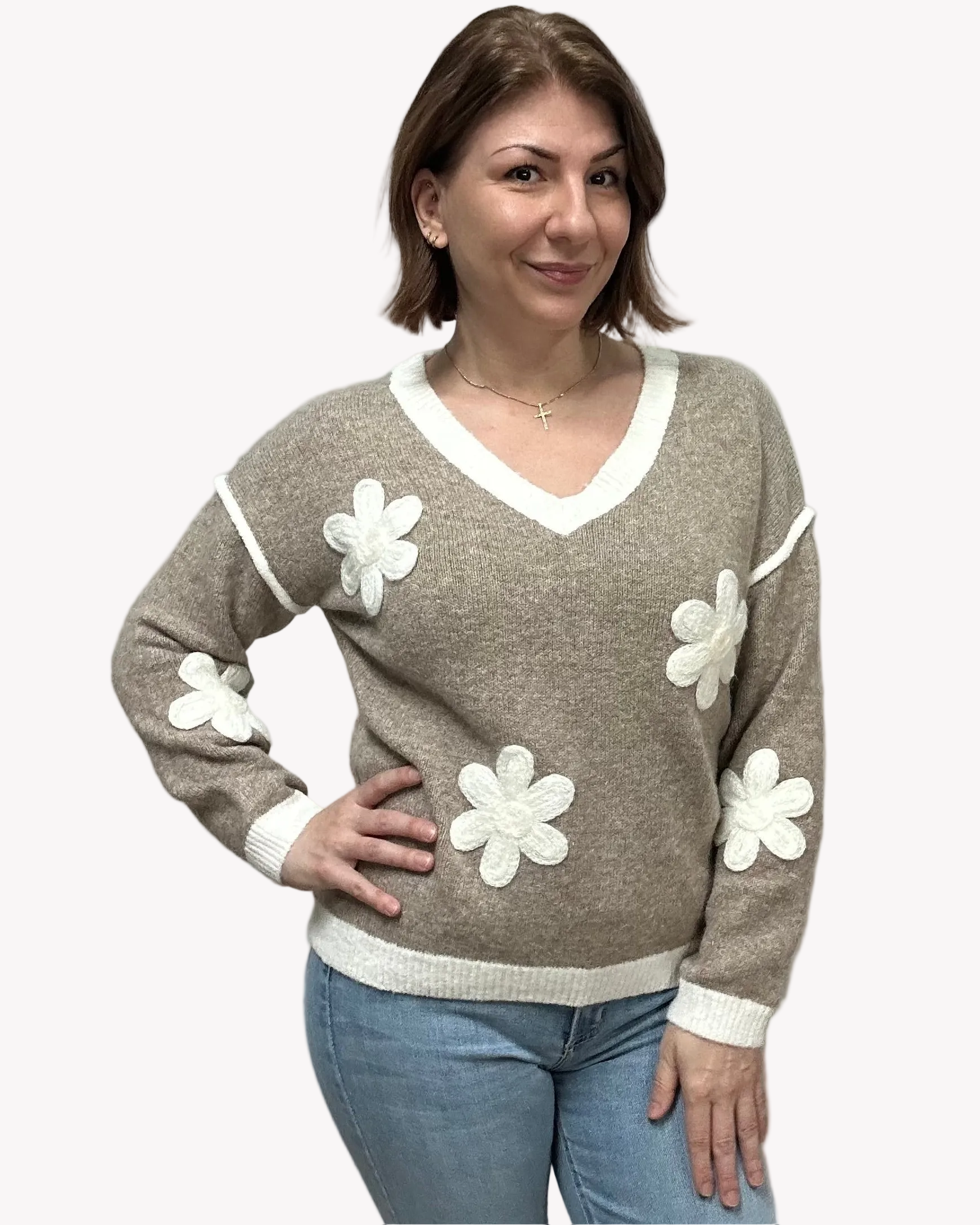 Daisy Drop Sweater in mocha with floral appliqués, drop-shoulder silhouette, V-neckline, and contrast trim – relaxed cozy knit – front view on soft linen background – Justyna Grace Boutique