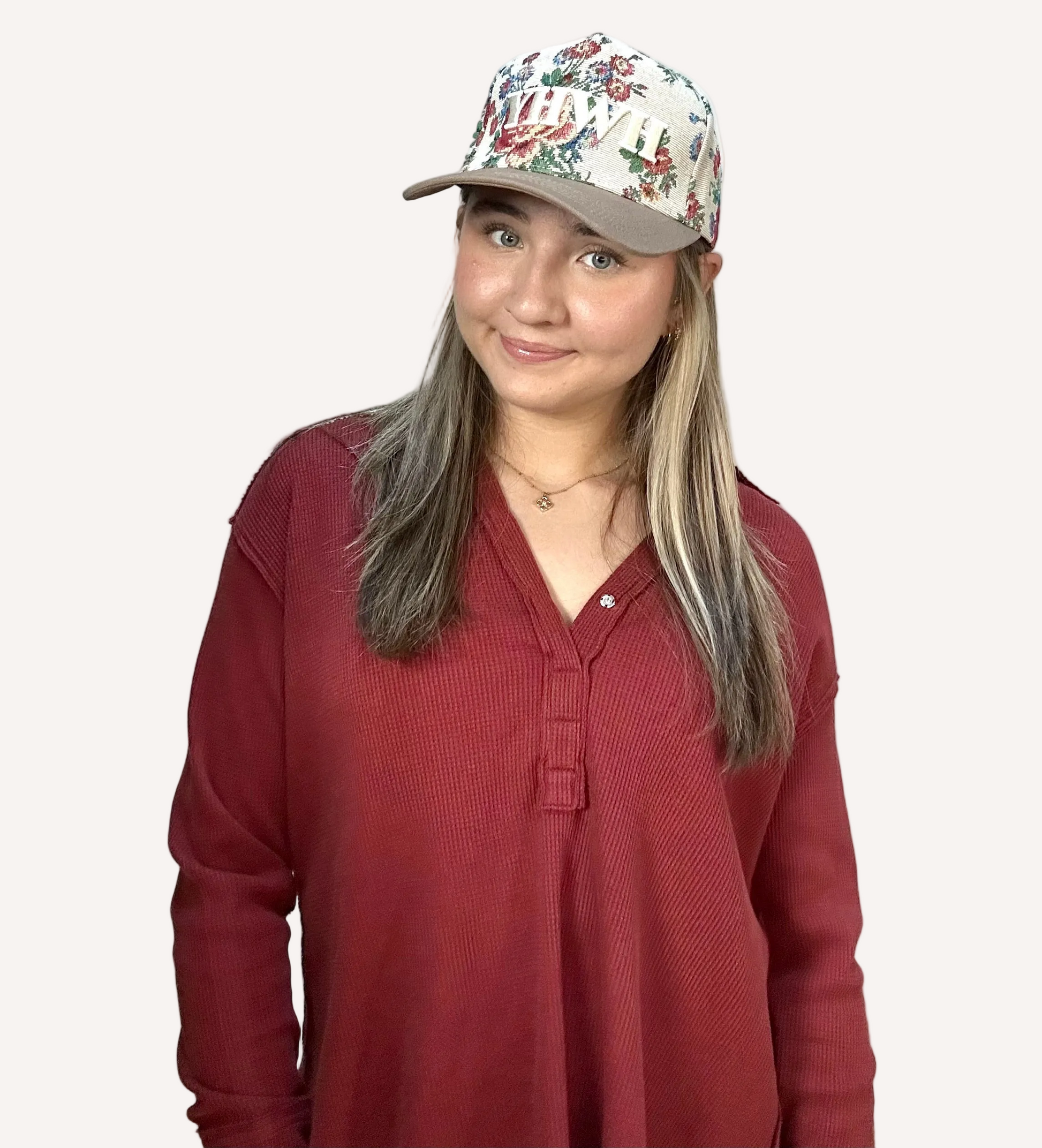 YHWH embroidered floral hat with brown bill and white stitching – adjustable unisex cotton snapback – one-of-a-kind floral pattern – front view on soft linen background – Justyna Grace Boutique
