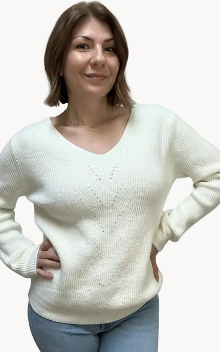 Grace Bow-Back Sweater in off white with lace-trim V-neckline and oversized back bow – soft ribbed knit in a relaxed fit – front view on soft linen background – Justyna Grace Boutique