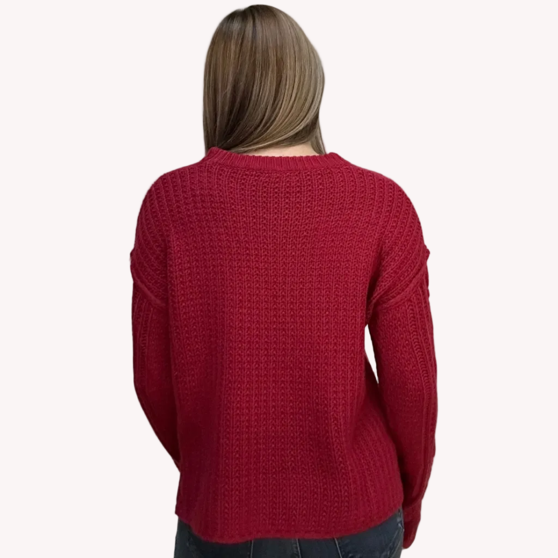 Grace Cable Knit Pullover with classic cable knit texture and scoop neckline – relaxed fit cozy sweater – front view on soft linen background – Justyna Grace Boutique