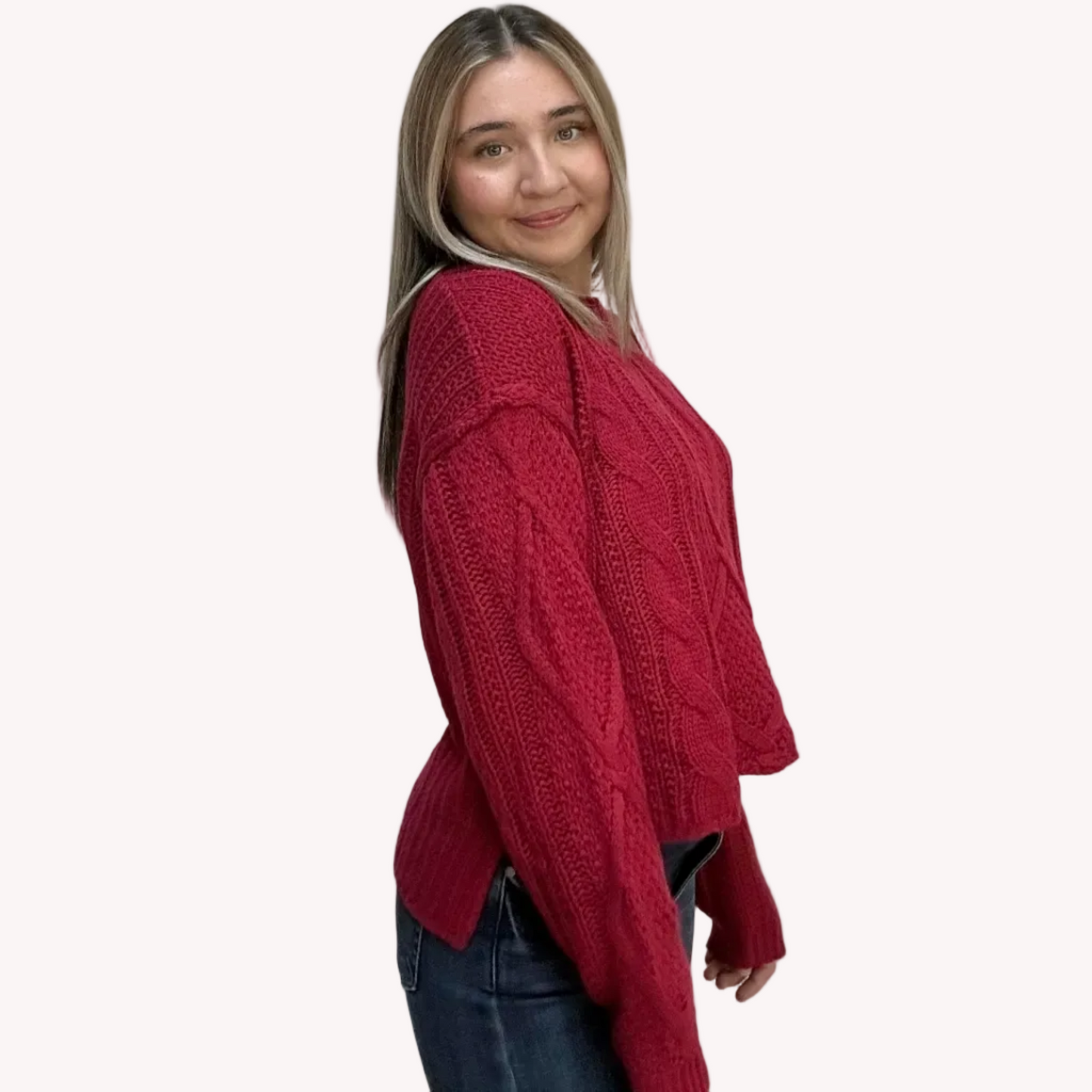 Grace Cable Knit Pullover with classic cable knit texture and scoop neckline – relaxed fit cozy sweater – front view on soft linen background – Justyna Grace Boutique