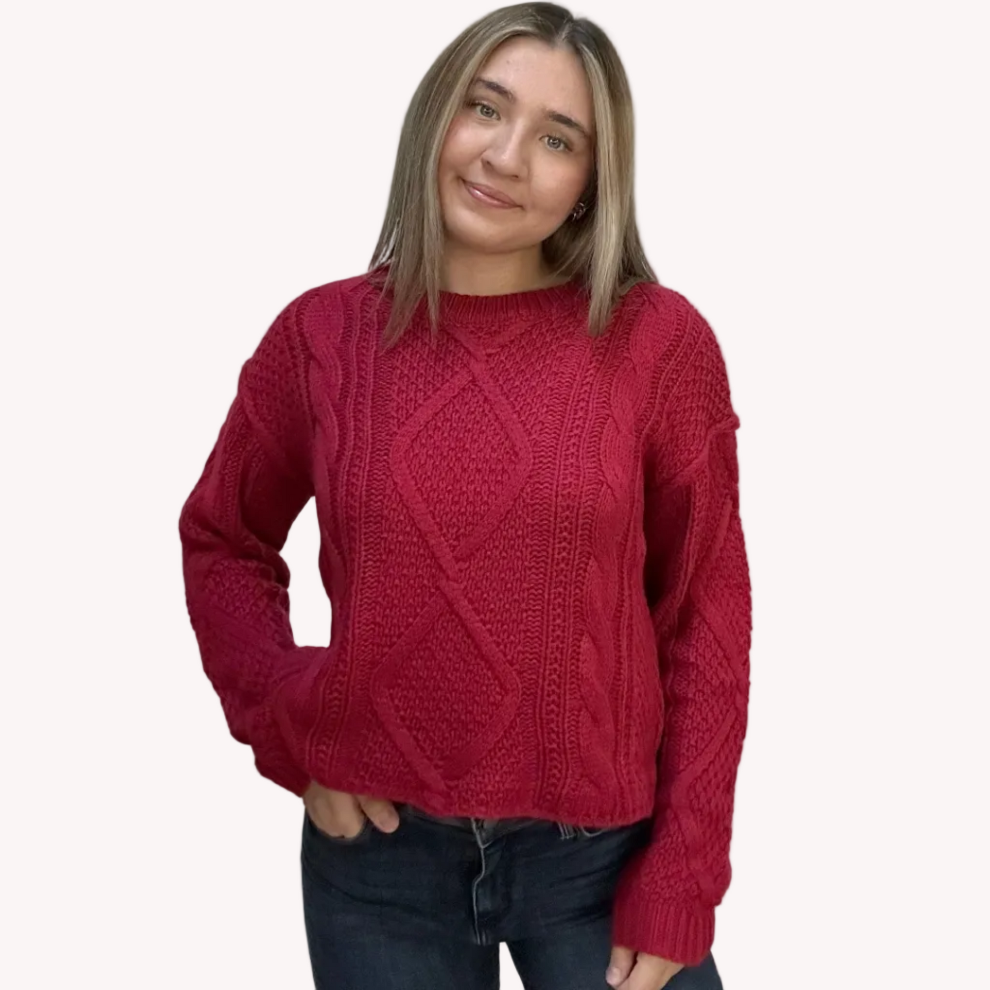 Grace Cable Knit Pullover with classic cable knit texture and scoop neckline – relaxed fit cozy sweater – front view on soft linen background – Justyna Grace Boutique