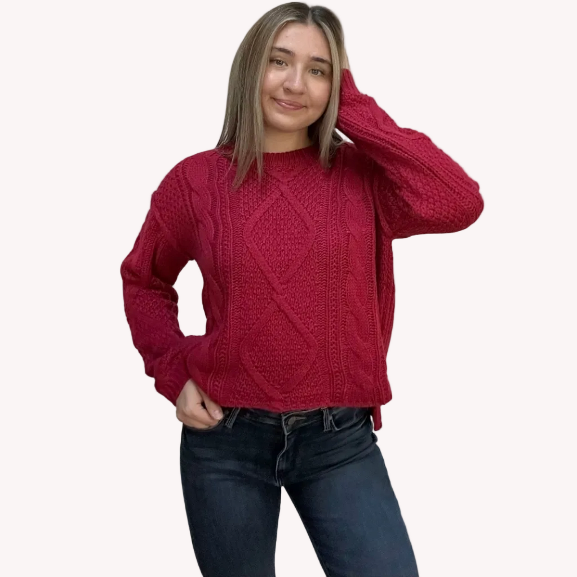 Grace Cable Knit Pullover with classic cable knit texture and scoop neckline – relaxed fit cozy sweater – front view on soft linen background – Justyna Grace Boutique