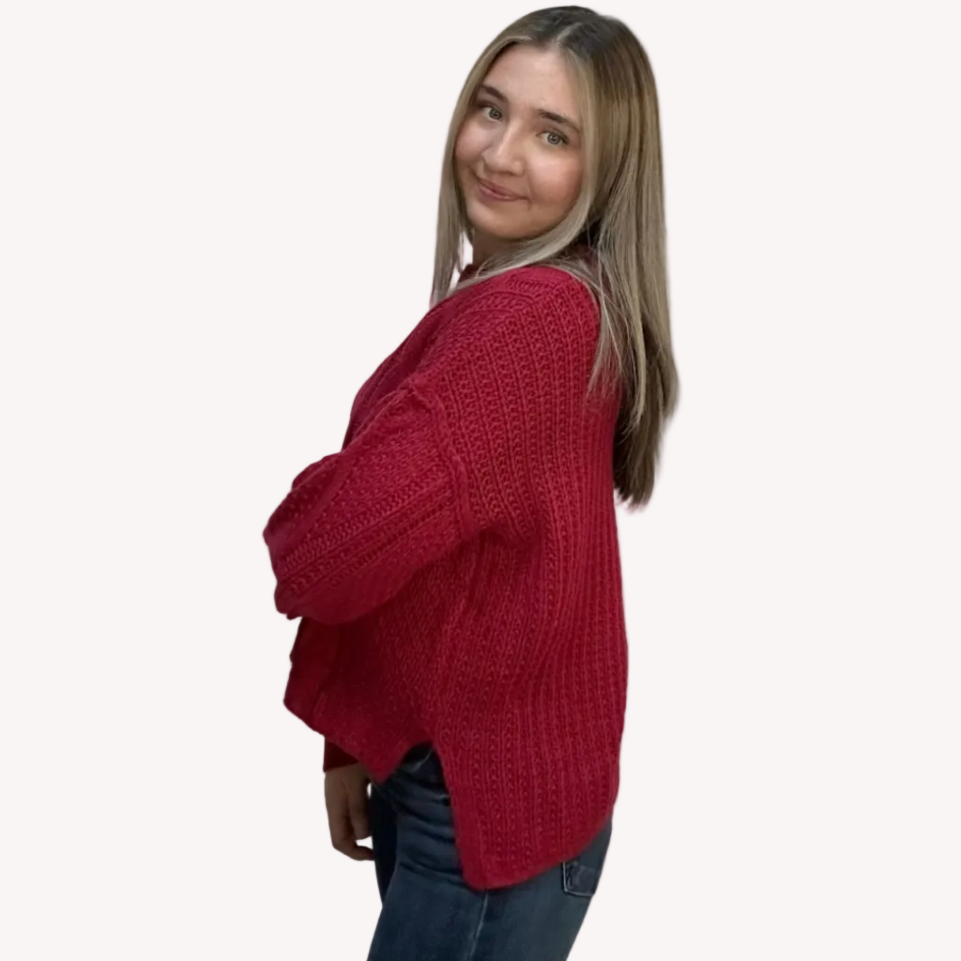 Grace Cable Knit Pullover with classic cable knit texture and scoop neckline – relaxed fit cozy sweater – front view on soft linen background – Justyna Grace Boutique