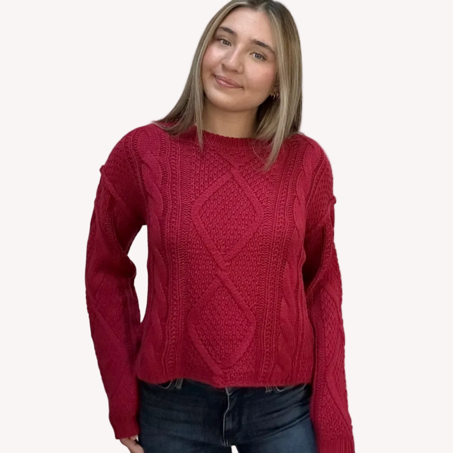 Grace Cable Knit Pullover with classic cable knit texture and scoop neckline – relaxed fit cozy sweater – front view on soft linen background – Justyna Grace Boutique