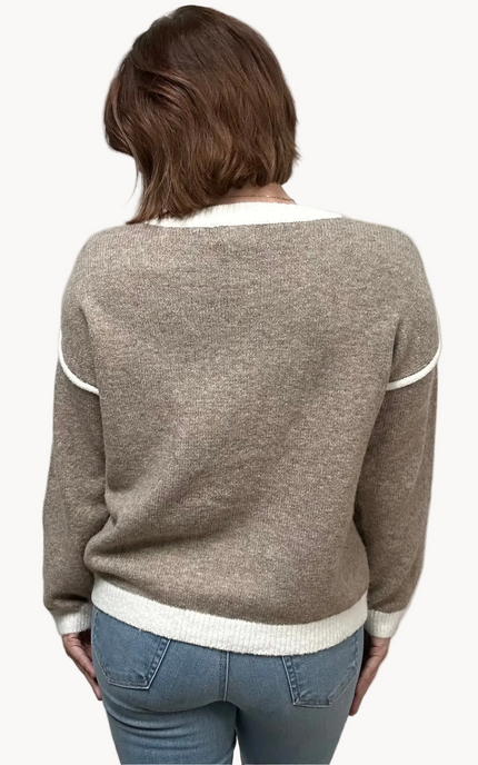 Daisy Drop Sweater in mocha with floral appliqués, drop-shoulder silhouette, V-neckline, and contrast trim – relaxed cozy knit – front view on soft linen background – Justyna Grace Boutique