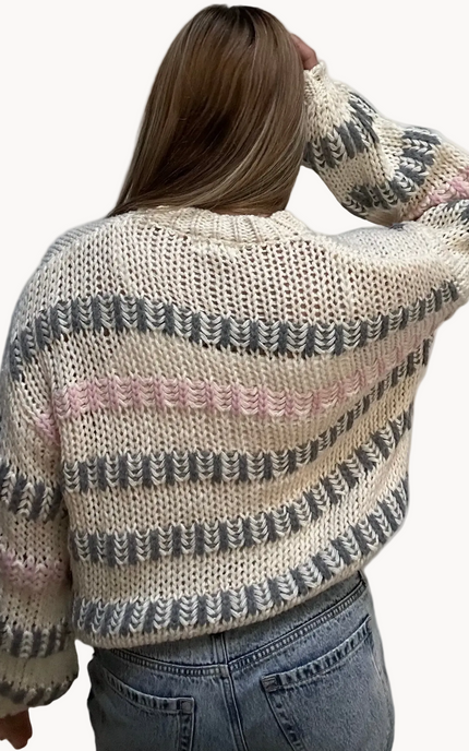 Haven Chunky Stripe Sweater in ivory multi – textured chunky knit with drop shoulders, voluminous sleeves, and relaxed silhouette – front view on soft linen background – Justyna Grace Boutique