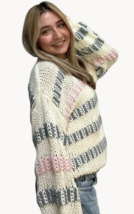Haven Chunky Stripe Sweater in ivory multi – textured chunky knit with drop shoulders, voluminous sleeves, and relaxed silhouette – front view on soft linen background – Justyna Grace Boutique