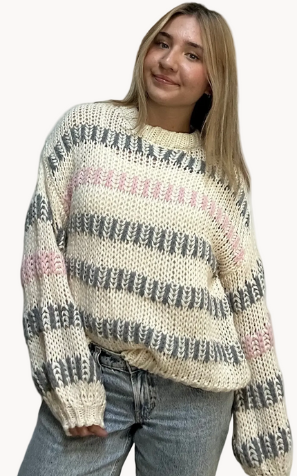 Haven Chunky Stripe Sweater in ivory multi – textured chunky knit with drop shoulders, voluminous sleeves, and relaxed silhouette – front view on soft linen background – Justyna Grace Boutique