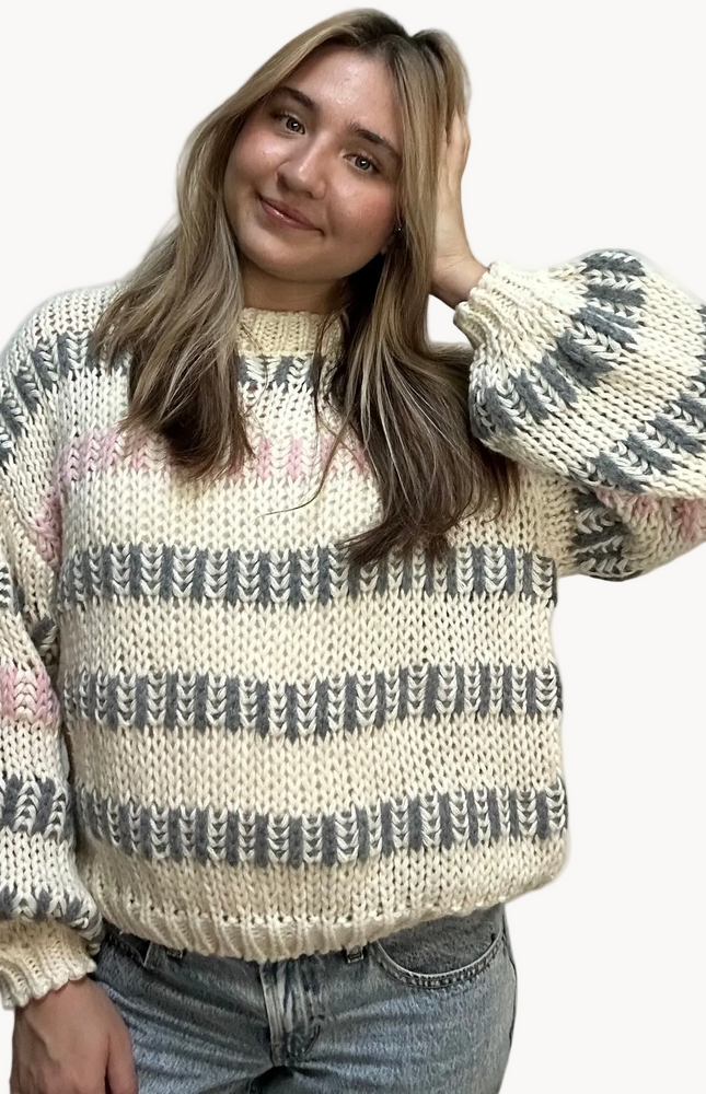 Haven Chunky Stripe Sweater in ivory multi – textured chunky knit with drop shoulders, voluminous sleeves, and relaxed silhouette – front view on soft linen background – Justyna Grace Boutique