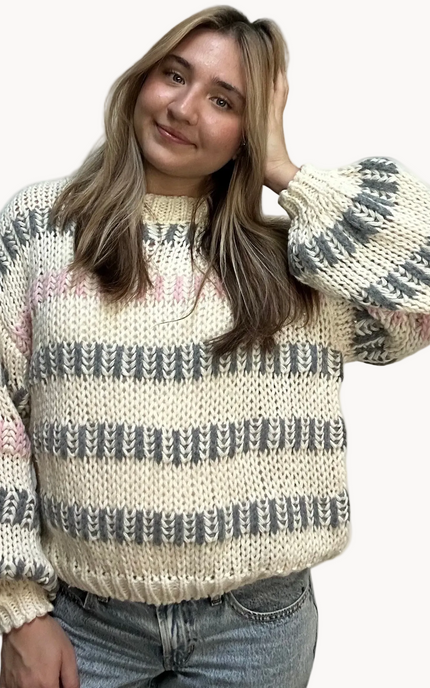 Haven Chunky Stripe Sweater in ivory multi – textured chunky knit with drop shoulders, voluminous sleeves, and relaxed silhouette – front view on soft linen background – Justyna Grace Boutique