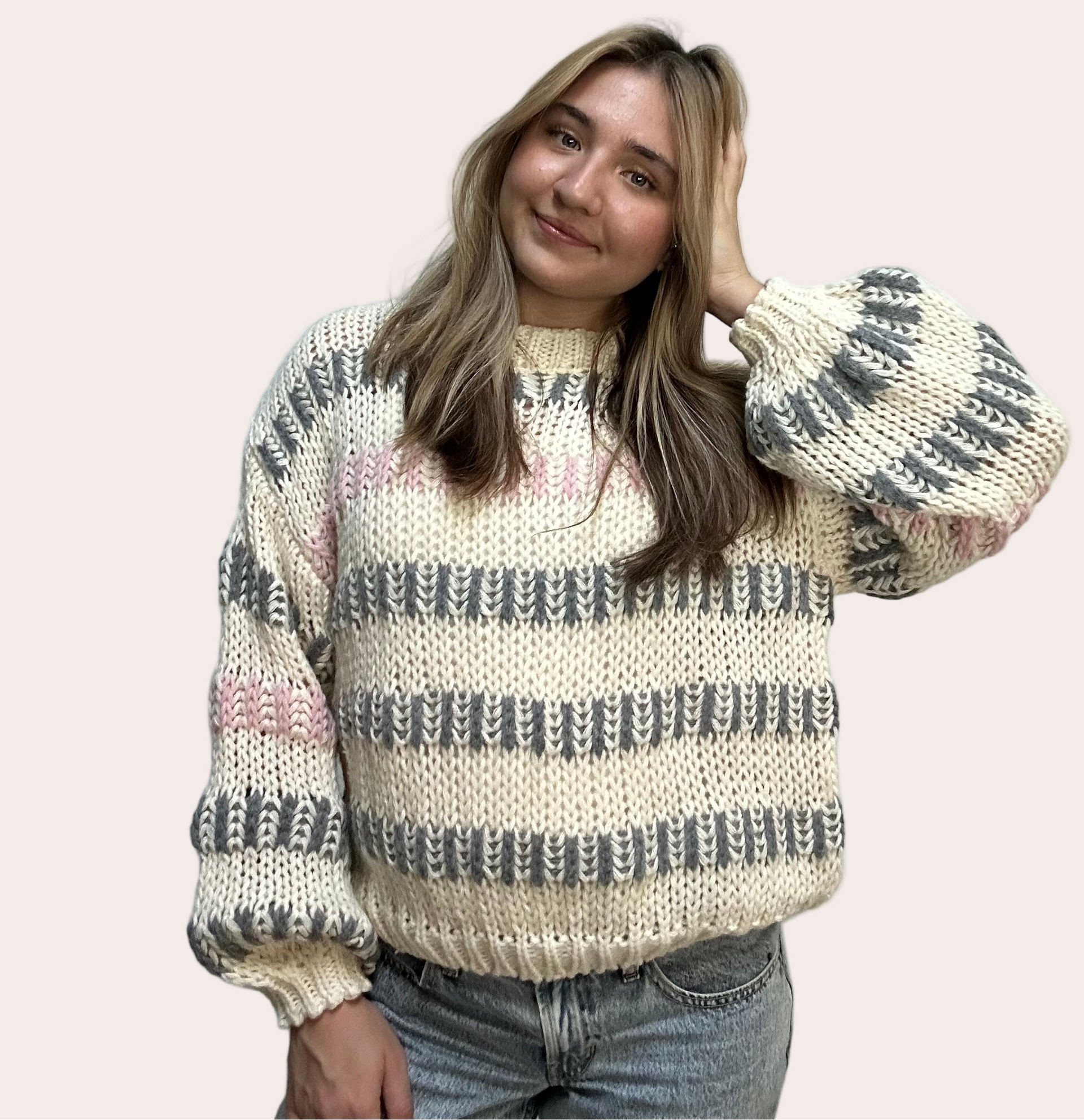 Haven Chunky Stripe Sweater in ivory multi – textured chunky knit with drop shoulders, voluminous sleeves, and relaxed silhouette – front view on soft linen background – Justyna Grace Boutique