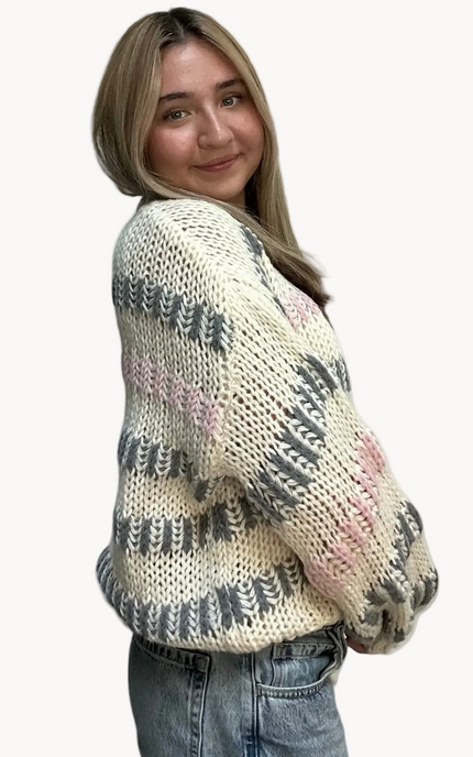 Haven Chunky Stripe Sweater in ivory multi – textured chunky knit with drop shoulders, voluminous sleeves, and relaxed silhouette – front view on soft linen background – Justyna Grace Boutique