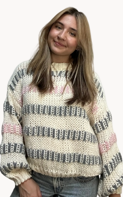Haven Chunky Stripe Sweater in ivory multi – textured chunky knit with drop shoulders, voluminous sleeves, and relaxed silhouette – front view on soft linen background – Justyna Grace Boutique