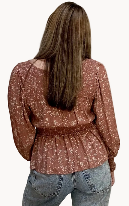 Justyna Grace Boutique Meadow Rose Smocked Peasant Top in ditsy floral print, front view on soft linen background