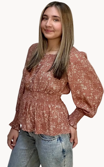 Justyna Grace Boutique Meadow Rose Smocked Peasant Top in ditsy floral print, front view on soft linen background