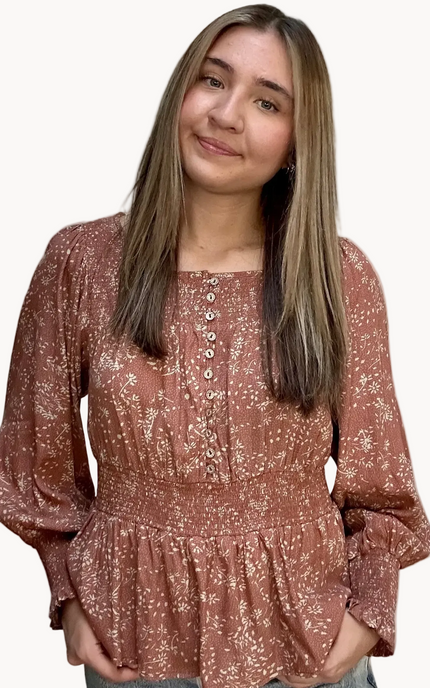 Justyna Grace Boutique Meadow Rose Smocked Peasant Top in ditsy floral print, front view on soft linen background