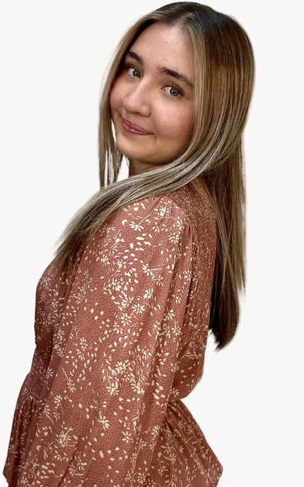 Justyna Grace Boutique Meadow Rose Smocked Peasant Top in ditsy floral print, front view on soft linen background