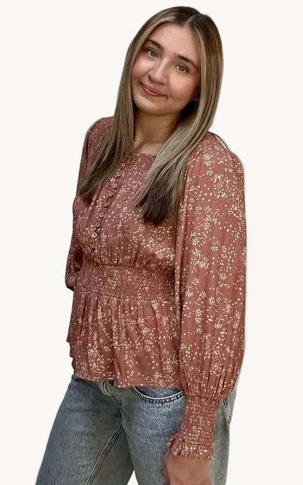 Justyna Grace Boutique Meadow Rose Smocked Peasant Top in ditsy floral print, front view on soft linen background