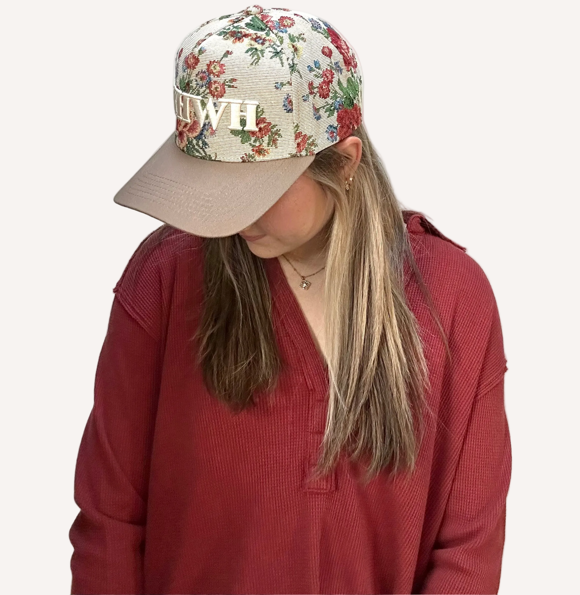 YHWH embroidered floral hat with brown bill and white stitching – adjustable unisex cotton snapback – one-of-a-kind floral pattern – front view on soft linen background – Justyna Grace Boutique