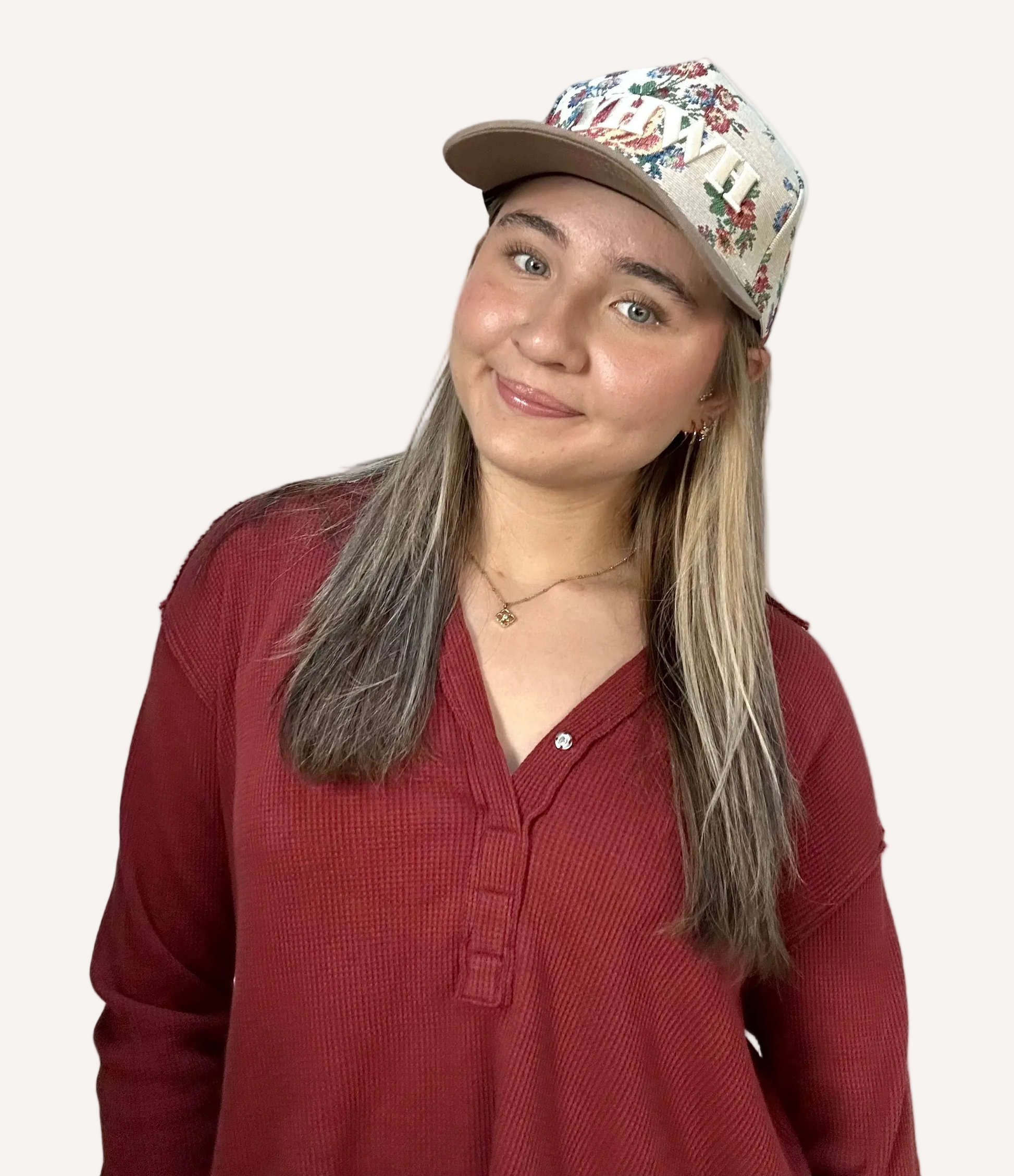 YHWH embroidered floral hat with brown bill and white stitching – adjustable unisex cotton snapback – one-of-a-kind floral pattern – front view on soft linen background – Justyna Grace Boutique