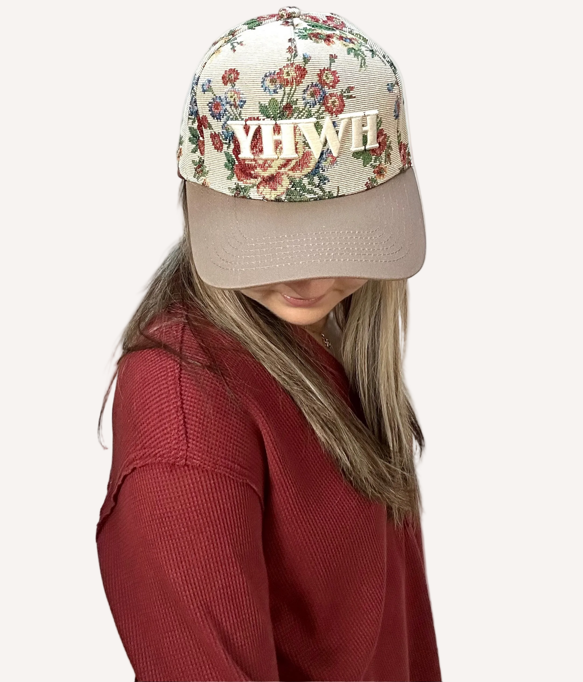 YHWH embroidered floral hat with brown bill and white stitching – adjustable unisex cotton snapback – one-of-a-kind floral pattern – front view on soft linen background – Justyna Grace Boutique
