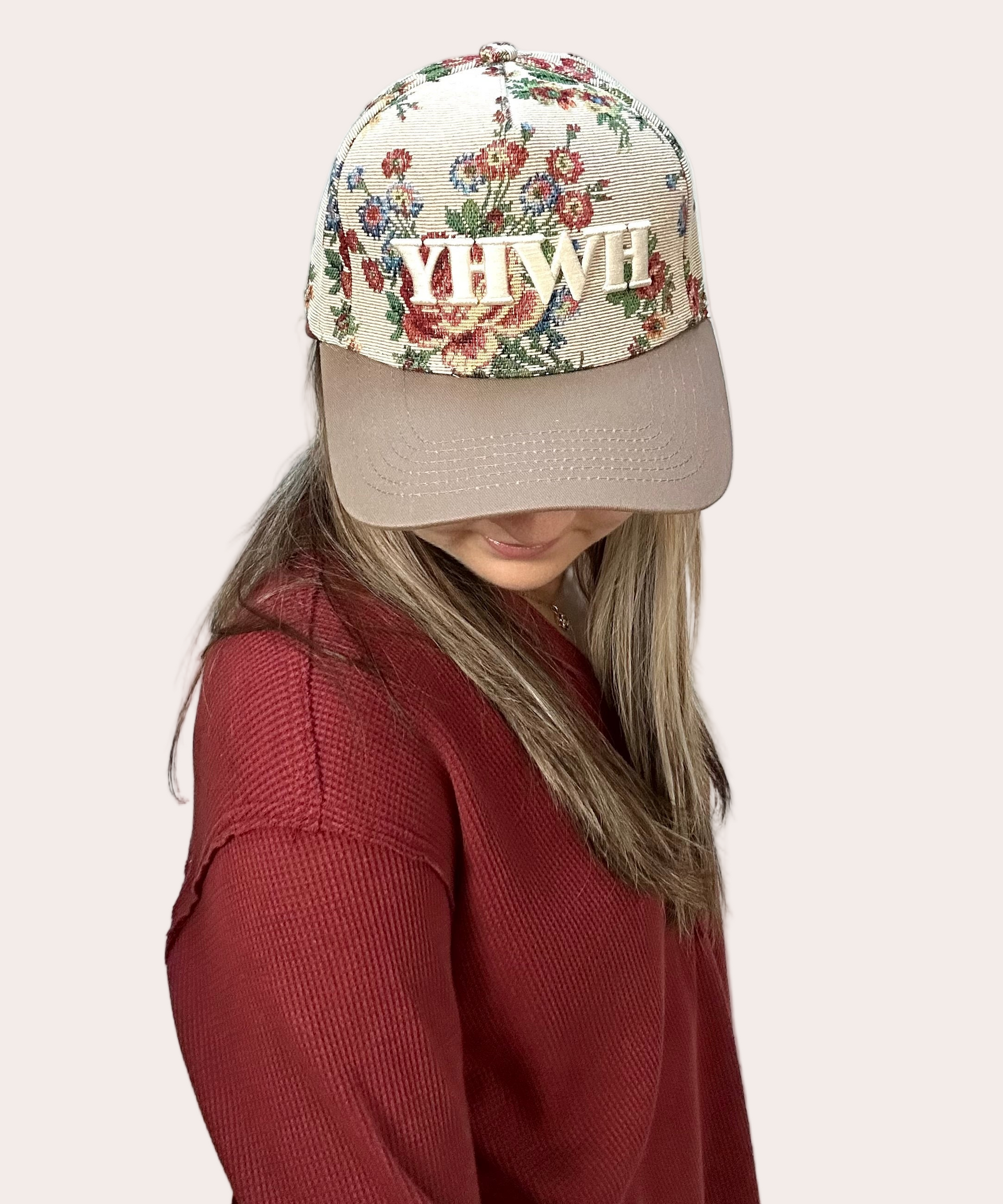 YHWH embroidered floral hat with brown bill and white stitching – adjustable unisex cotton snapback – one-of-a-kind floral pattern – front view on soft linen background – Justyna Grace Boutique