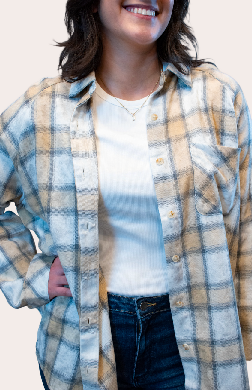 Laura Plaid Washed Flannel Shirt — relaxed boxy plaid button-up with side-step hem from Justyna Grace Boutique.