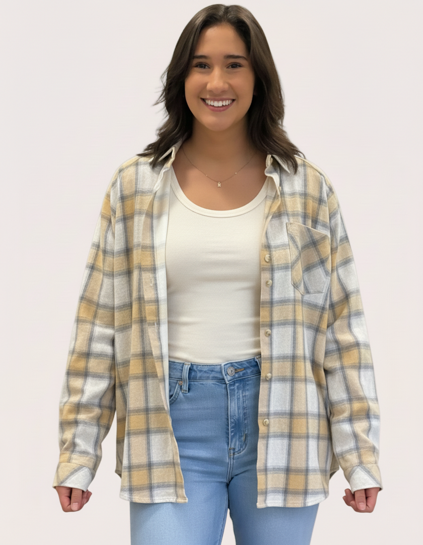 Laura Plaid Washed Flannel Shirt — relaxed boxy plaid button-up with side-step hem from Justyna Grace Boutique.