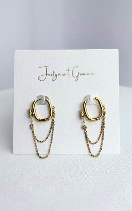 Full-length product shot of layered chain drop hoop earring showing complete 4.35cm drop and feminine silhouette