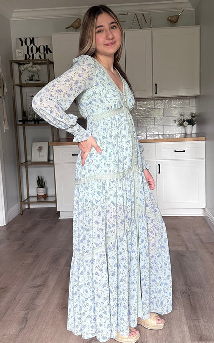 Side view of the Leah floral lace trim maxi dress showing soft drape and flowy maxi length