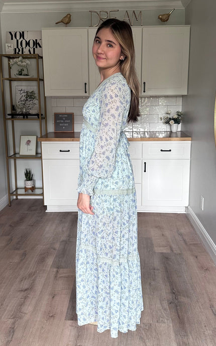 Side view of the Leah floral lace trim maxi dress showing soft drape and flowy maxi length